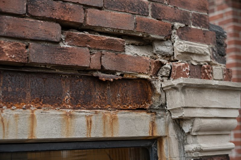 Cracked and spalling brick facade requiring SWARMP repair